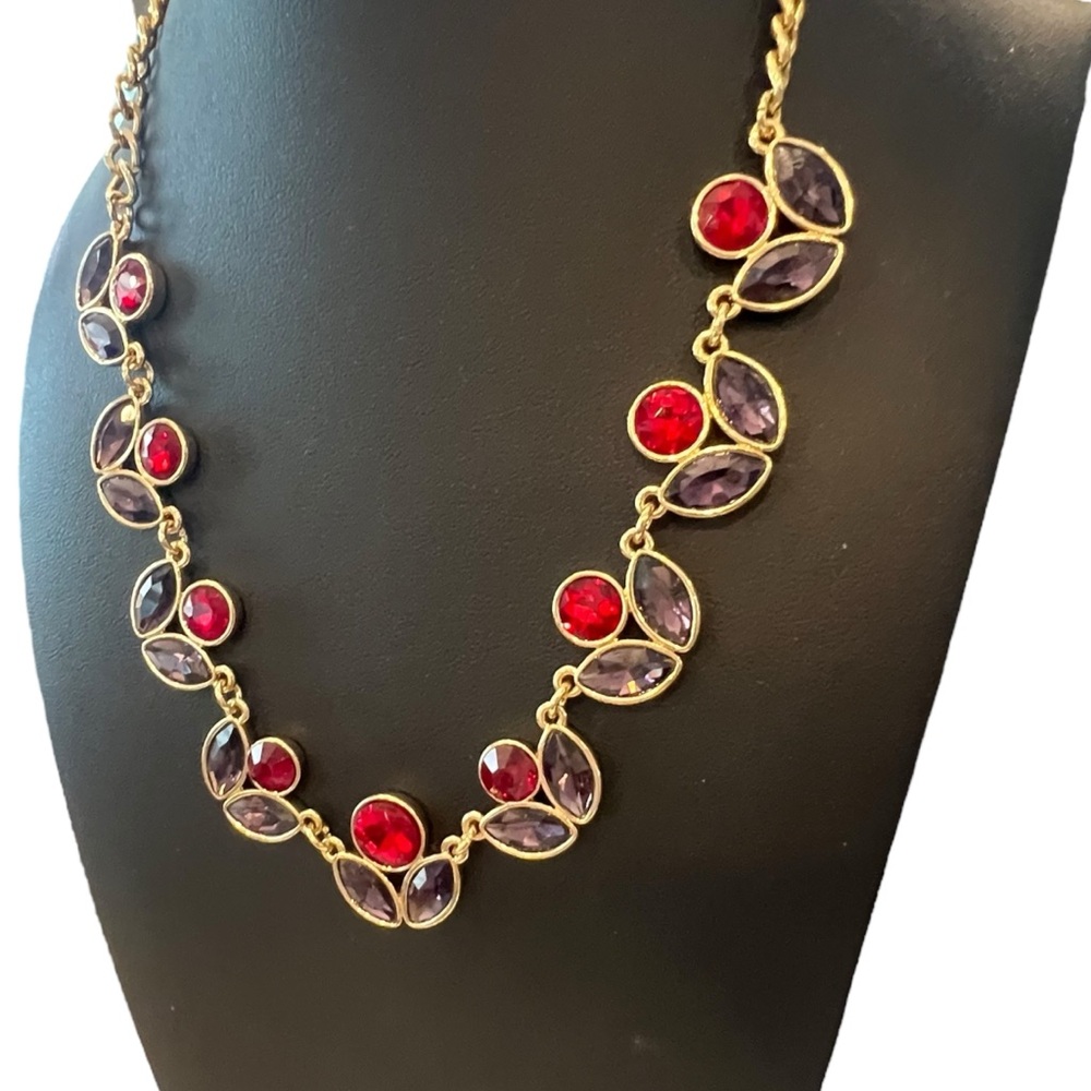 Liz Claiborne Statement Necklace Signed Red Purple Stone Flowers‎ Gold Tone 20” - Picture 14 of 14